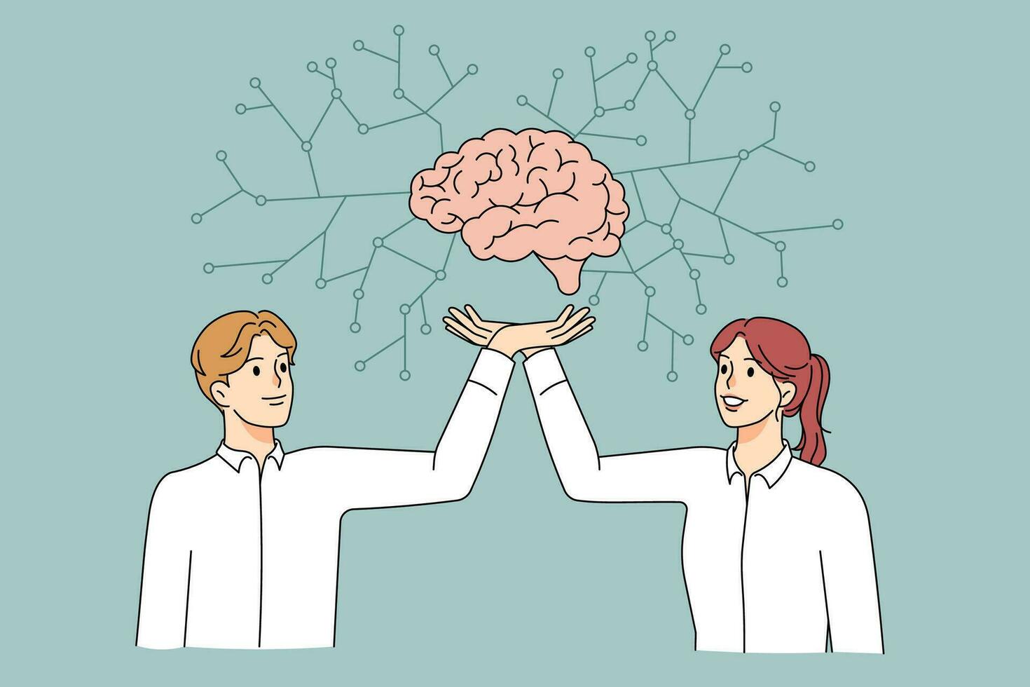 Smiling diverse scientists hold in hands human brain explore organ together. Happy motivated researchers or doctors work with mind connections. Neurology concept. Vector illustration.
