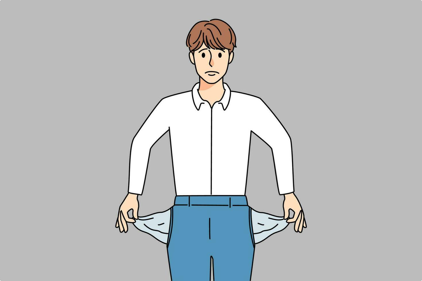 Unhappy businessman show empty pockets struggle with bankruptcy. Upset stressed man with no money need bank credit or loan. Bankrupt, financial problems. Vector illustration.