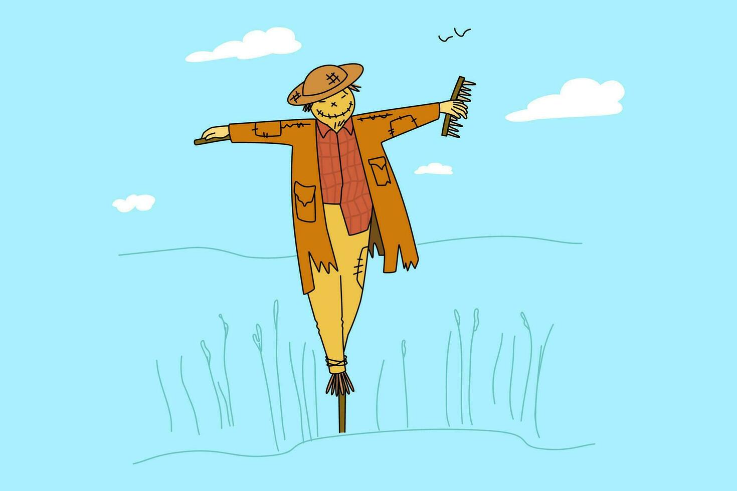 Cute bird scarer in old ragged clothes on field with growing crops. Straw scarecrow in tattered clothing scare birds on hayfield or meadow. Vector illustration, cartoon character.