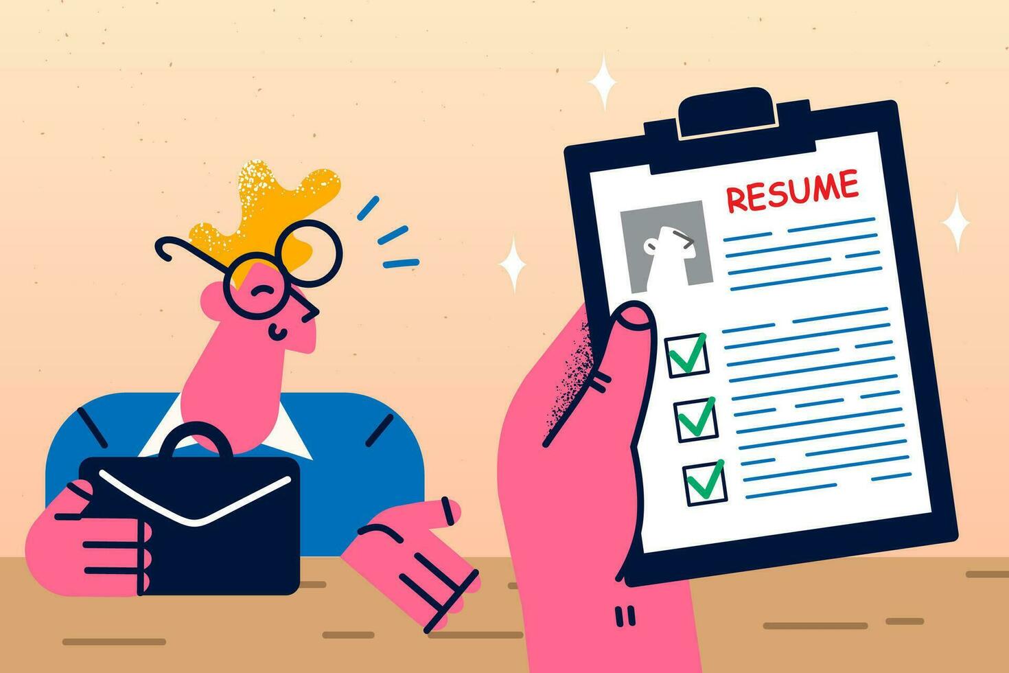 Employer hold job candidate resume speak on interview in office. Smiling male work applicant have recruitment talk with boss or HR. employment and career concept. Vector illustration.