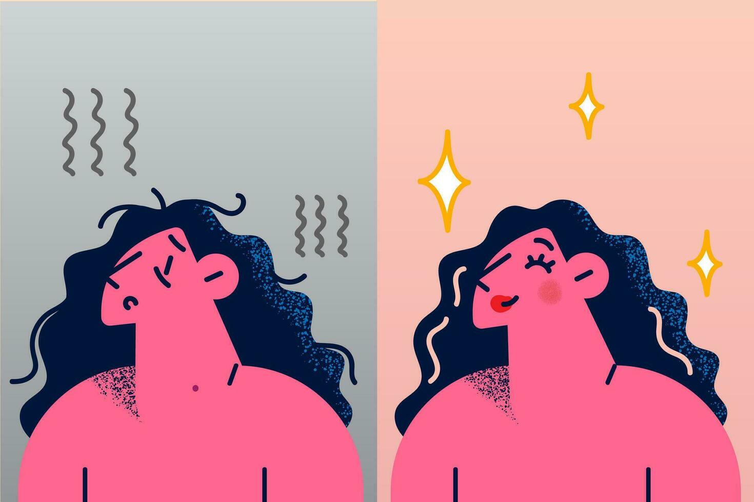 infeliz cansado mujer antes de y sonriente hermosa después cara tratamiento o procedimientos. hembra sin y con constituir. protección de la piel rutina, belleza y cosmetología. vector ilustración.