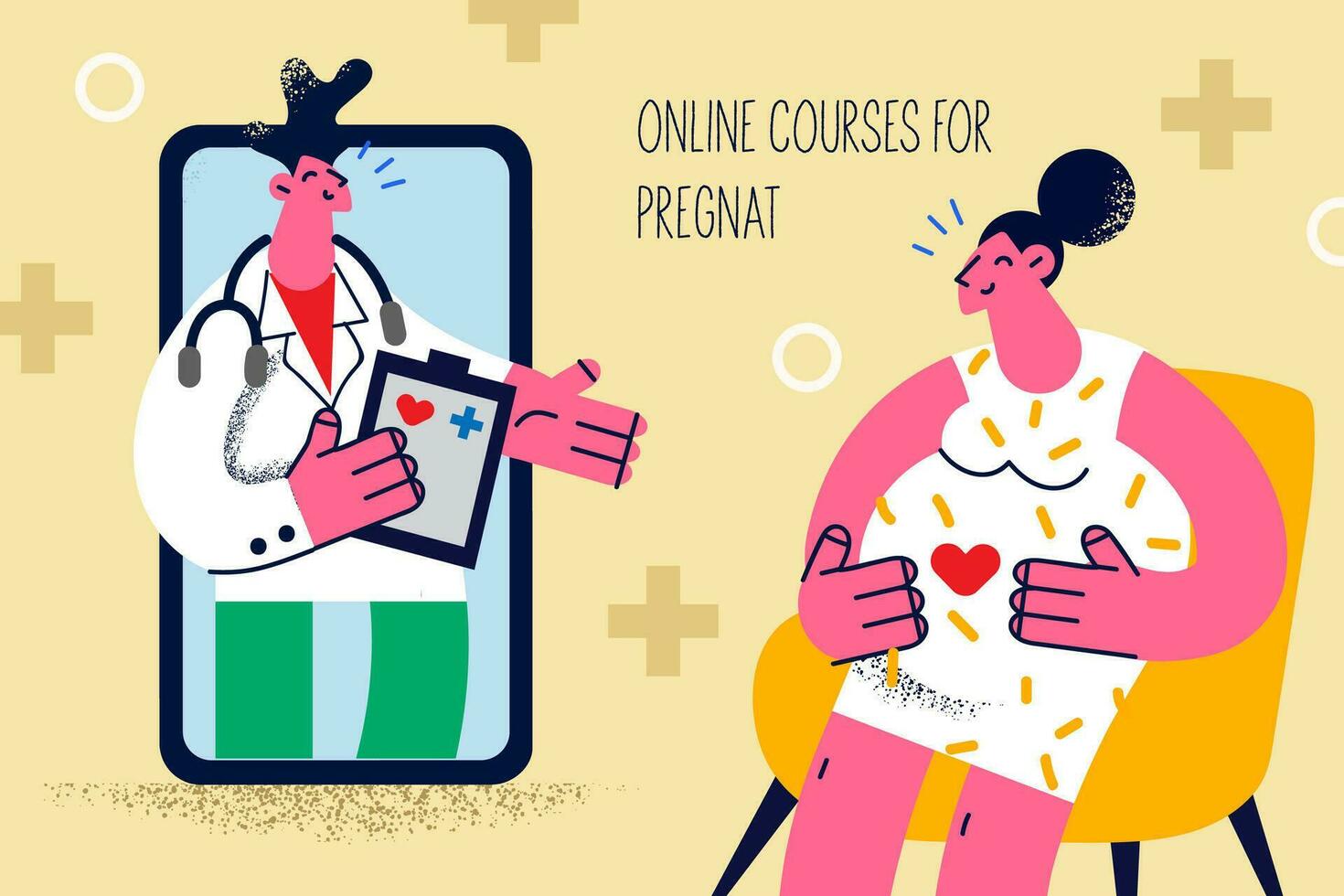 Pregnant woman talk speak on video call on cellphone with doctor. Gynecologist do web courses for future mothers on smartphone. Distant training and communication. Vector illustration.