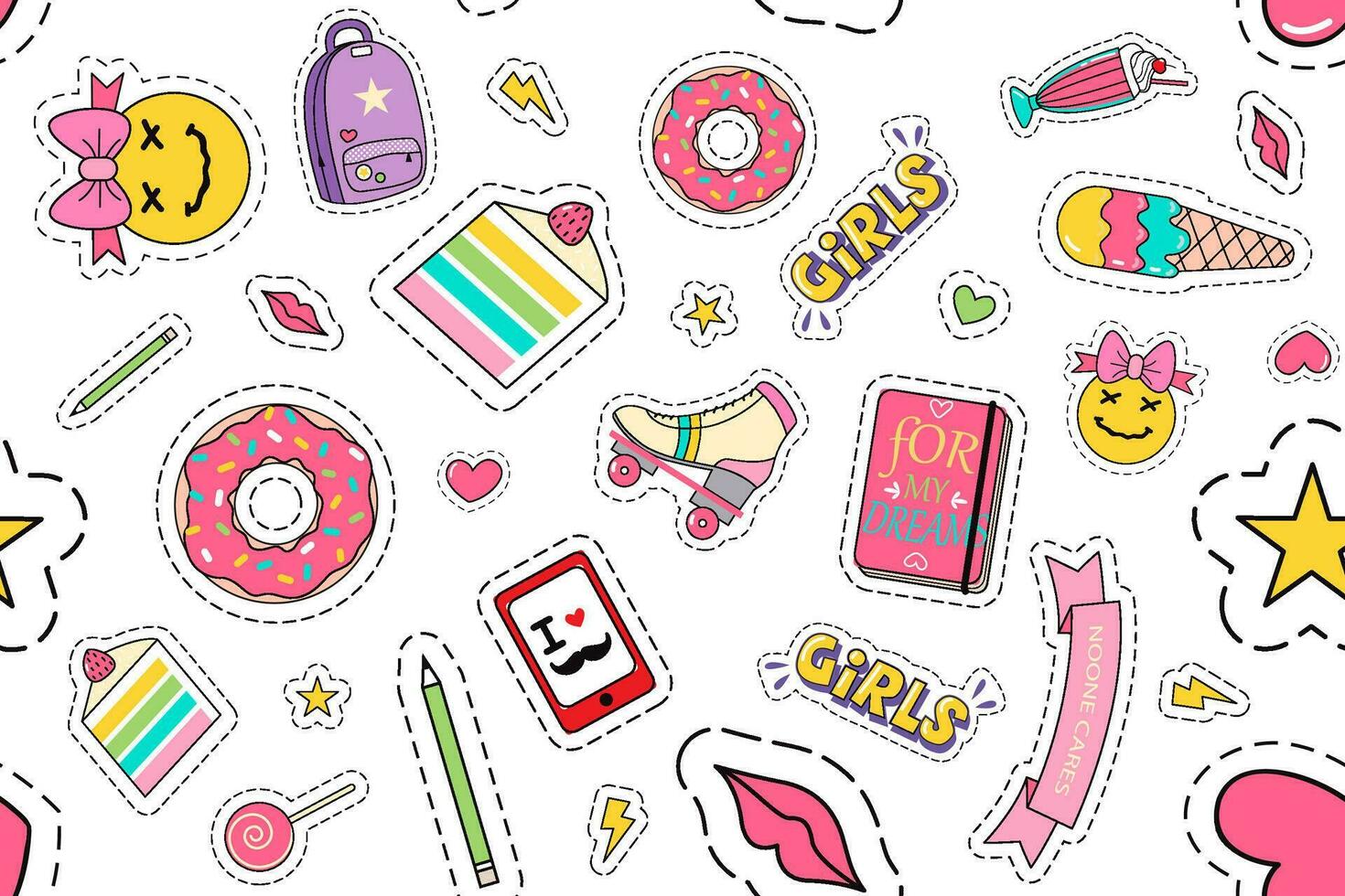 Fashion patches doodle set. Collection of funny comic girl teens colouring badges fashionable teenage fabric kawaii stickers ice cream donut diary gems. Feminine labels seamless illustration for print vector