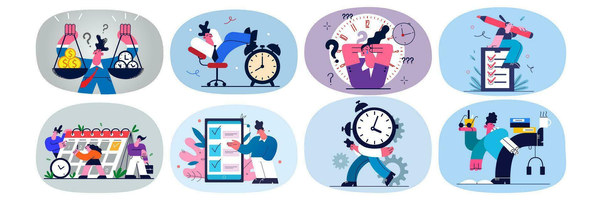 Collection of employees or workers multitask with workload, manage to meet deadline in office. Set of businesspeople overwhelmed stressed with work task. Time management. Vector illustration.