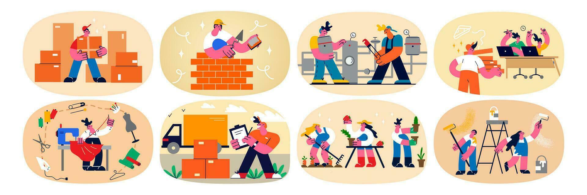 Set of diverse people of various occupations perform work perfectly help customer or client. Collection of workers or employees show good quality service. Profession concept. Vector illustration.