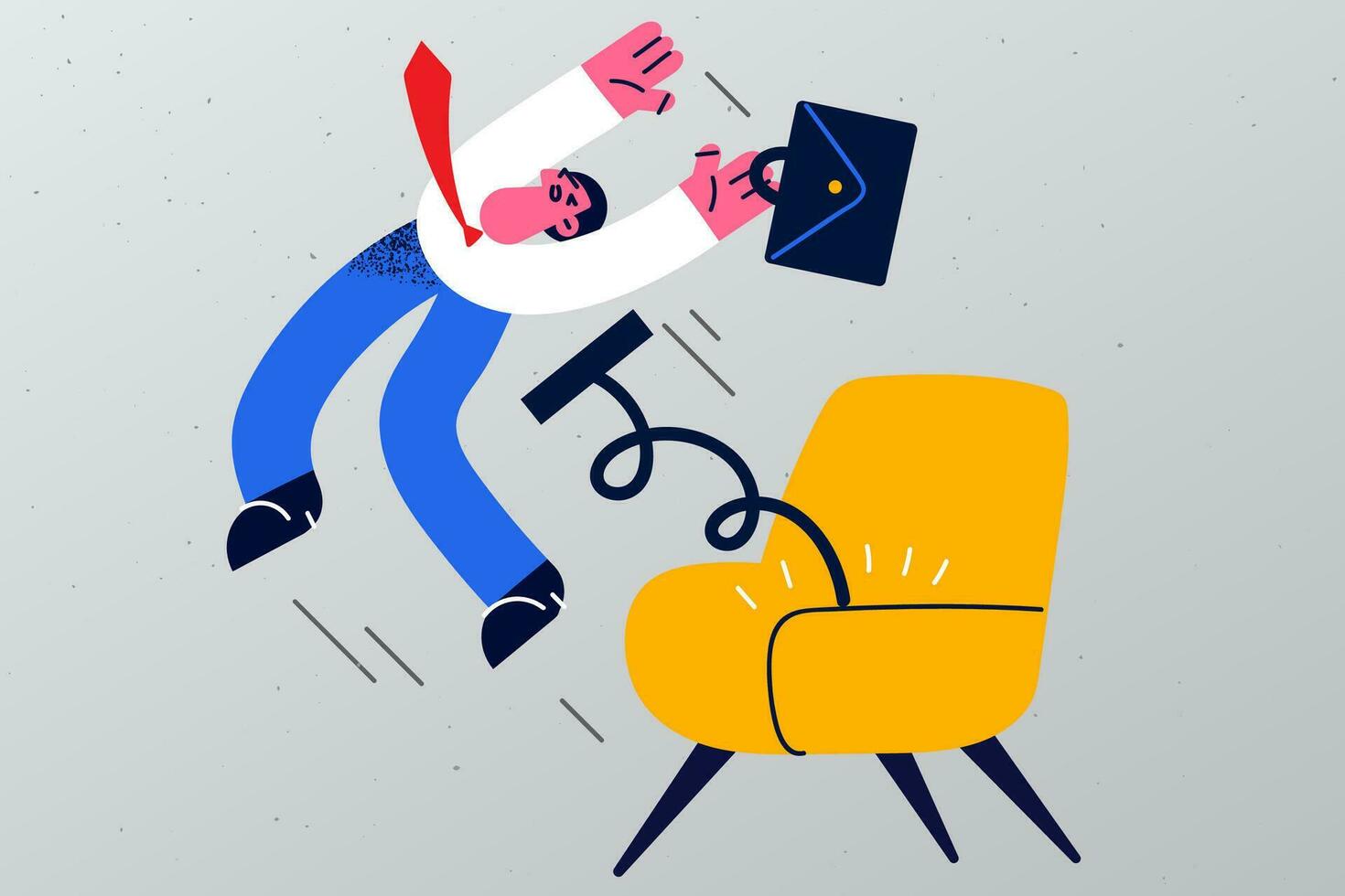 Male employee pushed out of chair by spring dismissed from job in corporation. Man worker fired from position in company. Dismissal and firing at workplace. Vector illustration, cartoon character.