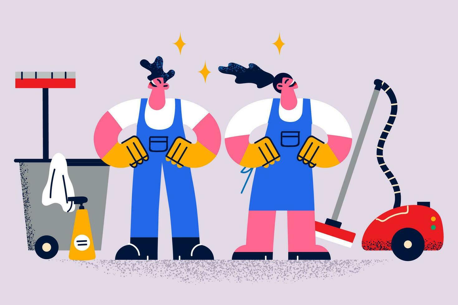 Happy cleaners with tools and detergents take care of office hygiene. Smiling man and woman janitors or housekeepers do chores. Professional cleaning or housekeeping service. Vector illustration.