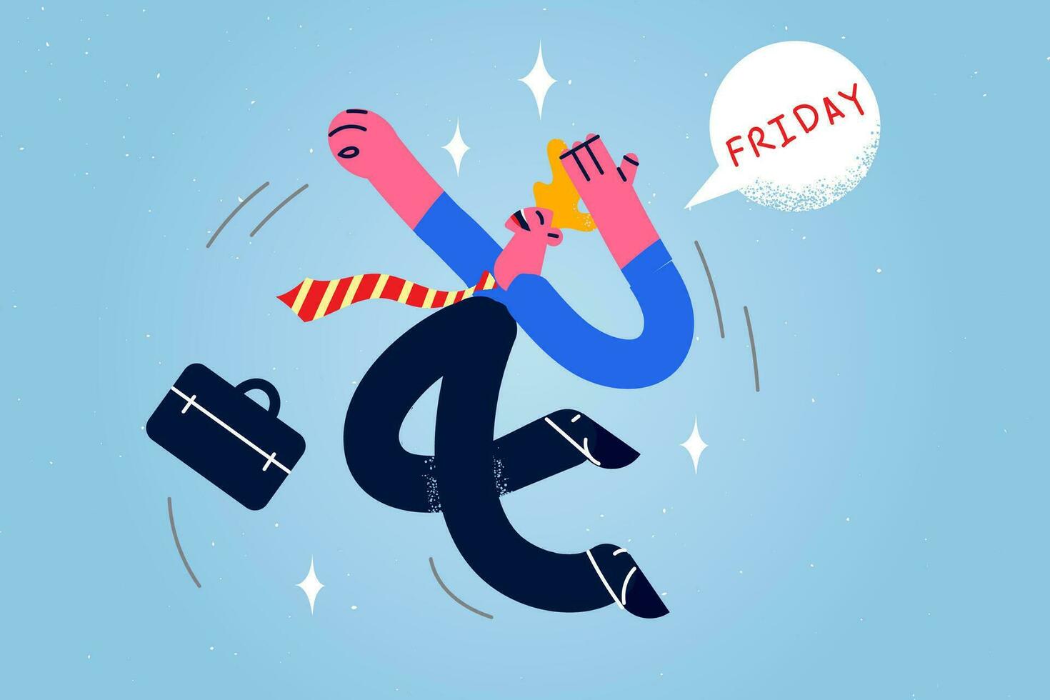 Overjoyed businessman jump feel happy for Friday coming in office. Smiling man employee or worker excited with weekend days off at workplace. Relaxation and fun concept. Flat vector illustration.