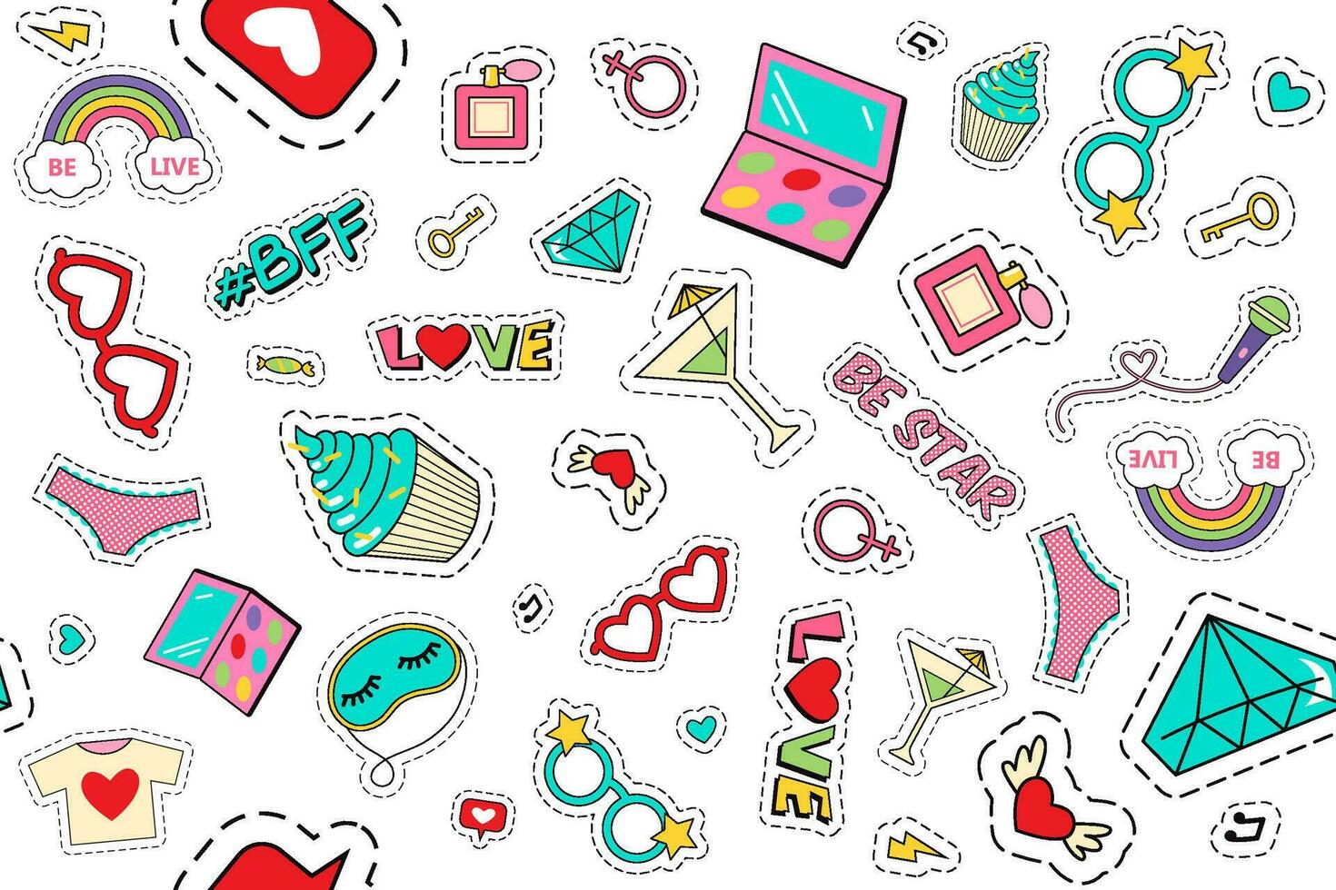 Fashion patches doodle set. Collection of funny comic girl teens colouring badges fashionable teenage fabric kawaii stickers ice cream donut diary gems. Feminine labels seamless illustration for print vector