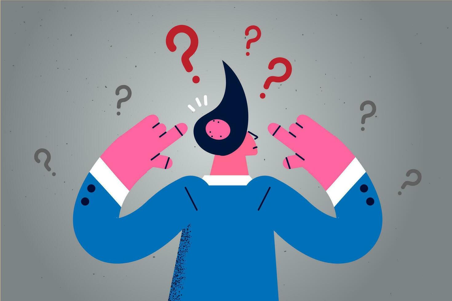 Back view of man feel worried confused show bald head suffer from alopecia. Unhappy male distressed with haircare struggle with hair loss at young age. Baldness problem. Flat vector illustration.