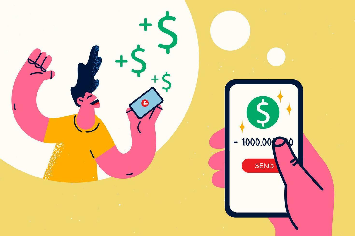 lleno de alegría mujer obtener pagado con en línea transacción en teléfono inteligente contento niña recibir salario o salario en celúla, emocionado con pago. web dinero transferir a móvil. Internet bancario. vector ilustración.