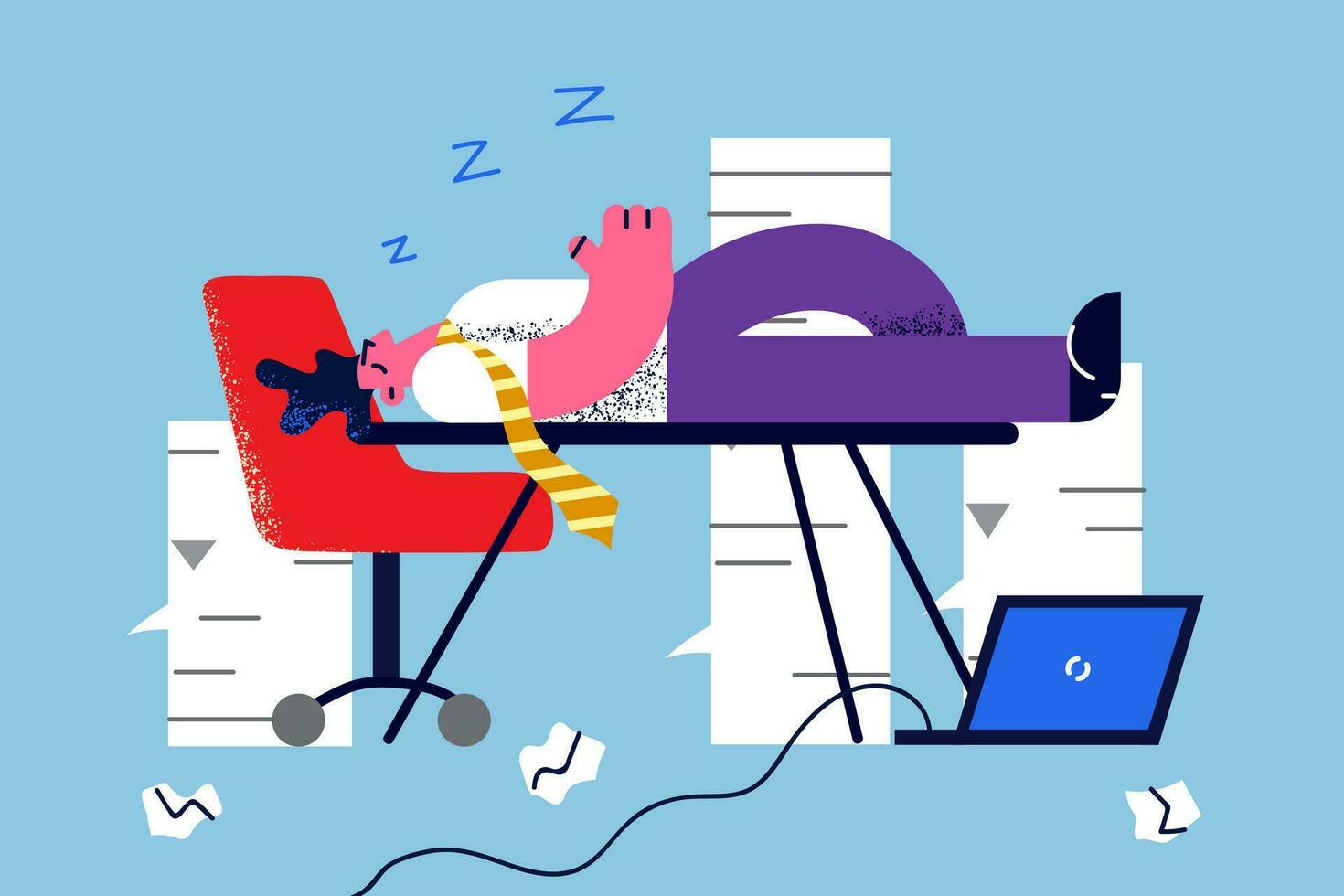 agotado empresario dormir en escritorio en oficina sufrir desde fatiga. cansado masculino empleado dormitar apagado siesta en mesa a lugar de trabajo sensación abrumado trabajo excesivo. agotamiento concepto. vector ilustración.