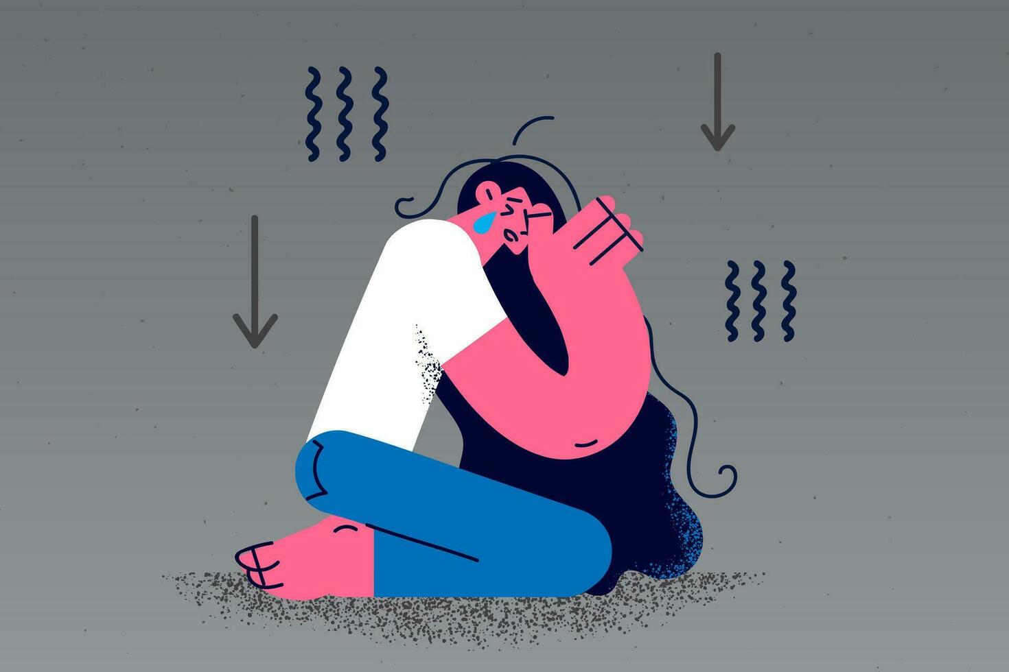 Unhappy young woman cry feel depressed suffer from anxiety or panic attack. Upset girl distressed struggle with depression mental breakdown or disorder. Psychological help. Vector illustration.