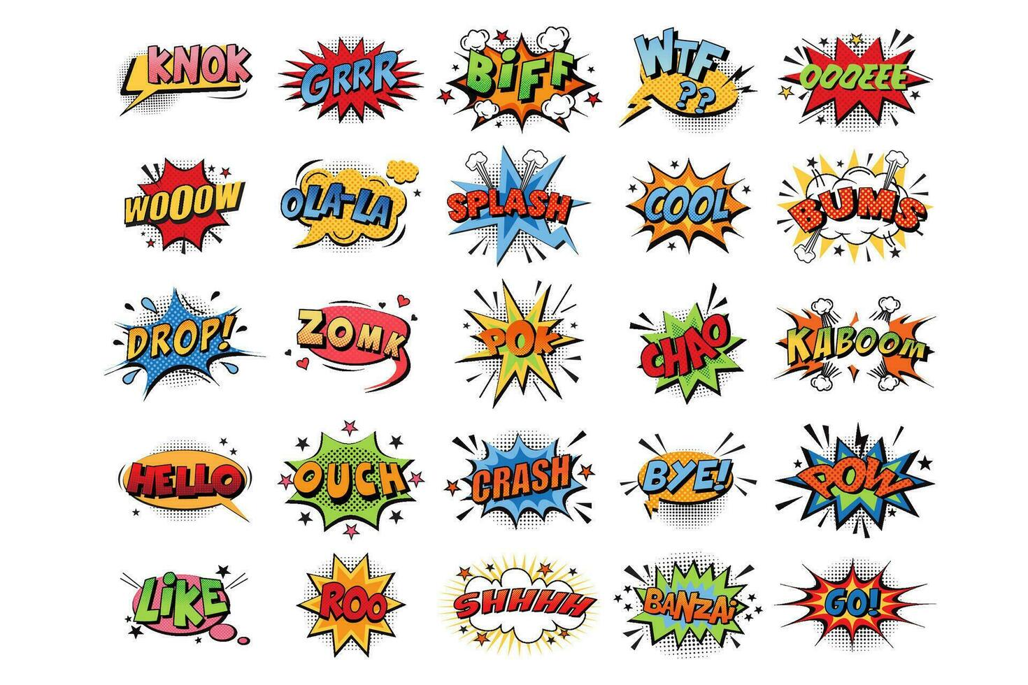 Comic book bubbles doodle set. Collection of cartoon emotional colour explosions funny comical speech clouds comics words thinking dream bubbles graphic text conversation design element illustration vector