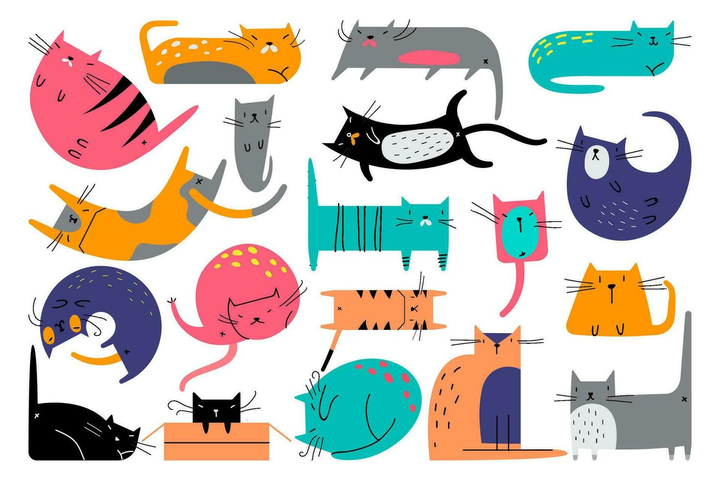 gatos garabatear colocar. colección de creativo infantil patrones domesticado animales gatitos gatito mascotas en diferente posa humano amigos sin costura textura vector impresión ilustración para niños.