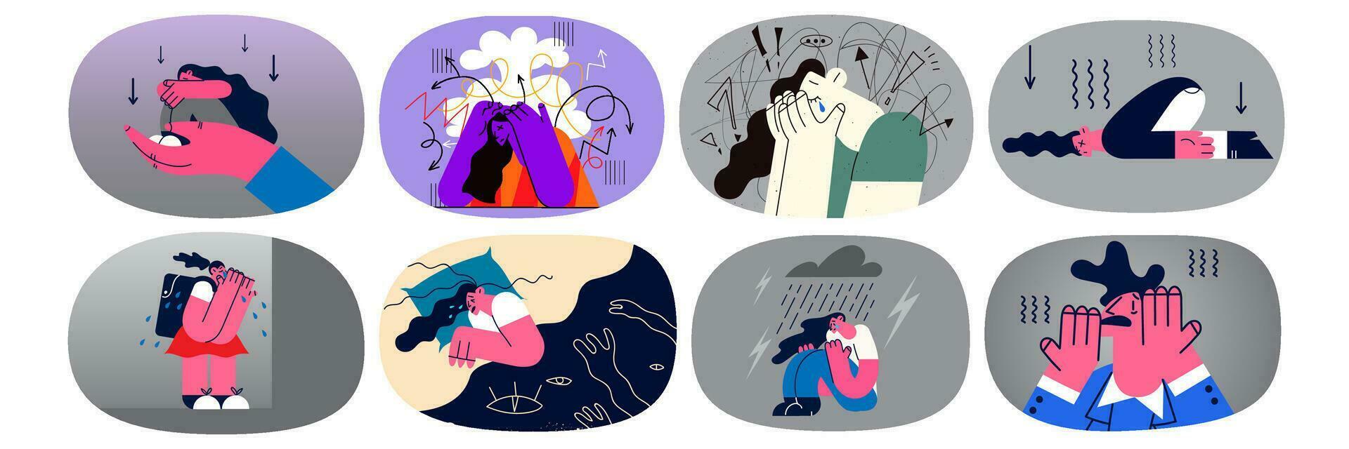 Set of upset girl cry have nervous breakdown or burnout need counseling or psychotherapy. Collection of unhappy woman suffer from depression or mental psychological disorder. Vector illustration.