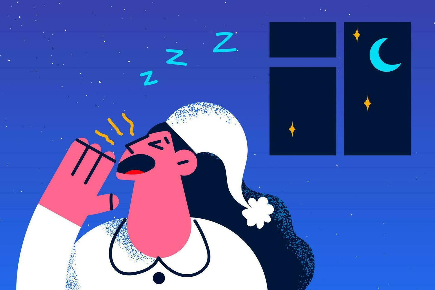 Young woman in pajama awake at home suffer from insomnia yawn at night cannot sleep. Unhealthy unwell tired girl feel sleepy have problems with sleeping. Vector illustration, cartoon character.