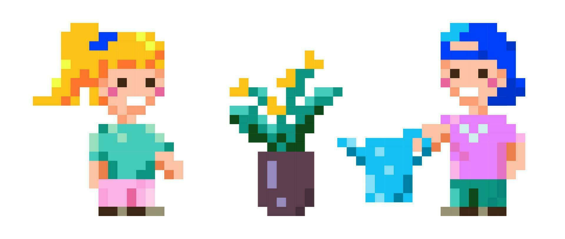 Cartoon character of boy and girl in pixel art style. A boy and a girl are watering a flowerpot, a flower, a plant. Vector illustration.