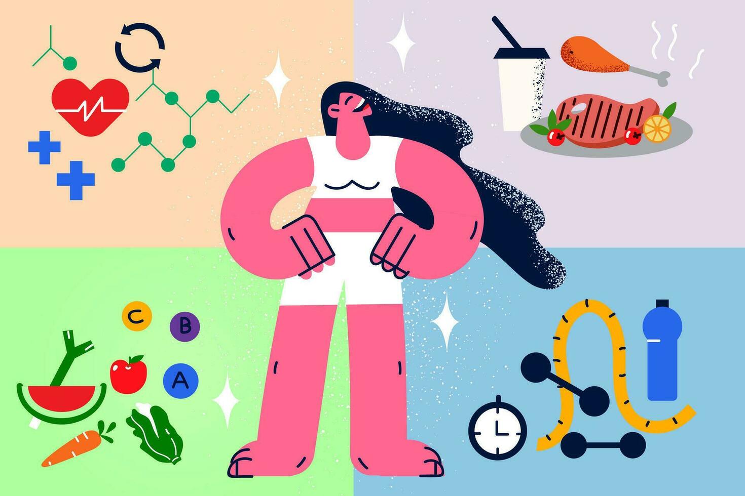 Smiling fit young woman follow healthy lifestyle do sports eat clean. Happy toned girl in good shape care about nutrition habits and physical activity. Flat vector illustration, cartoon character.