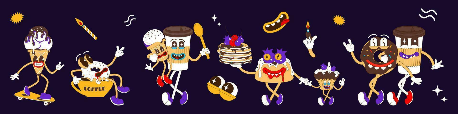 A set of funny stickers. Psychedelic sweets characters. Ice cream, donut, coffee, cupcake, Bundt cake, donut in coffee cup. Funny eyes and faces. Vector illustration of mascots in cartoon style.