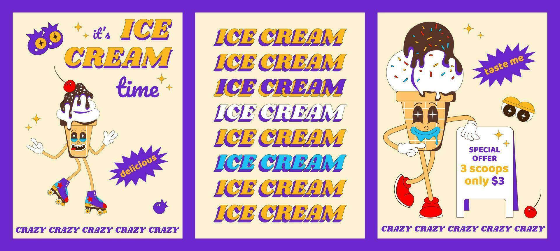 Set of posters with ice cream character. Funny ice cream mascot for cafe, restaurant. Vector illustration in psychedelic retro style.