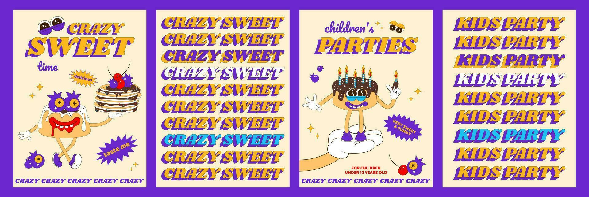 Trendy psychedelic posters with funny sweets characters. Cheerful pancake cake mascot, berries with eyes and holiday candles. Children's party. Poster design for coffee shop, bakery, menu. vector