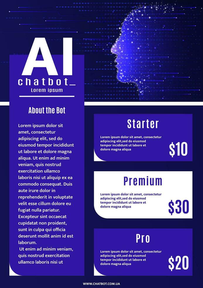 Business flyer in technology style. Abstract lines, glitter, gradient, numbers. Face profile in abstract style. Digital data connection technology and big data concept. vector