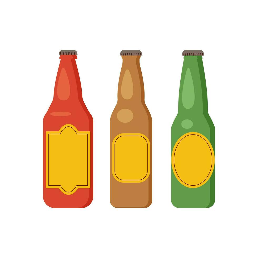 rojo, verde y marrón cerveza botellas conjunto aislado vector ilustración