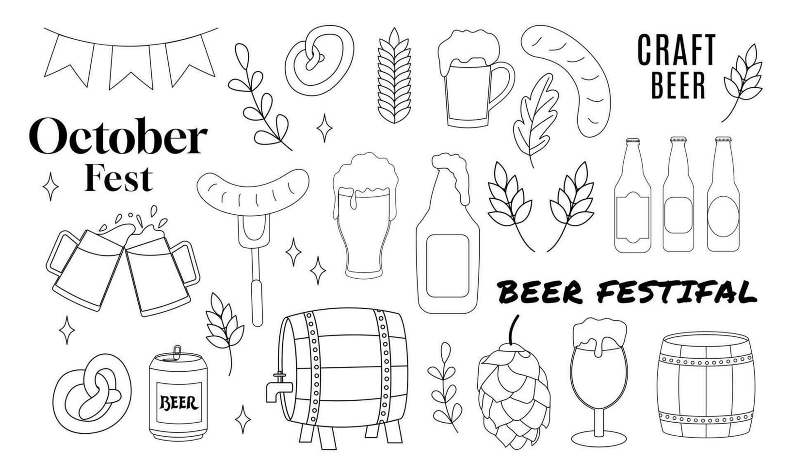 cerveza conjunto dibujado a mano contorno garabatos vector ilustración con letras