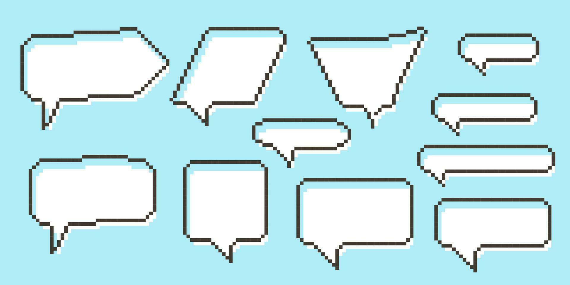 Pixel speech bubble Collection chart dialogue boxes. Retro game 8 bit line text box. Yellow, Black and white color empty pixelated message bar. Quote cloud frames. Flat design vector illustration