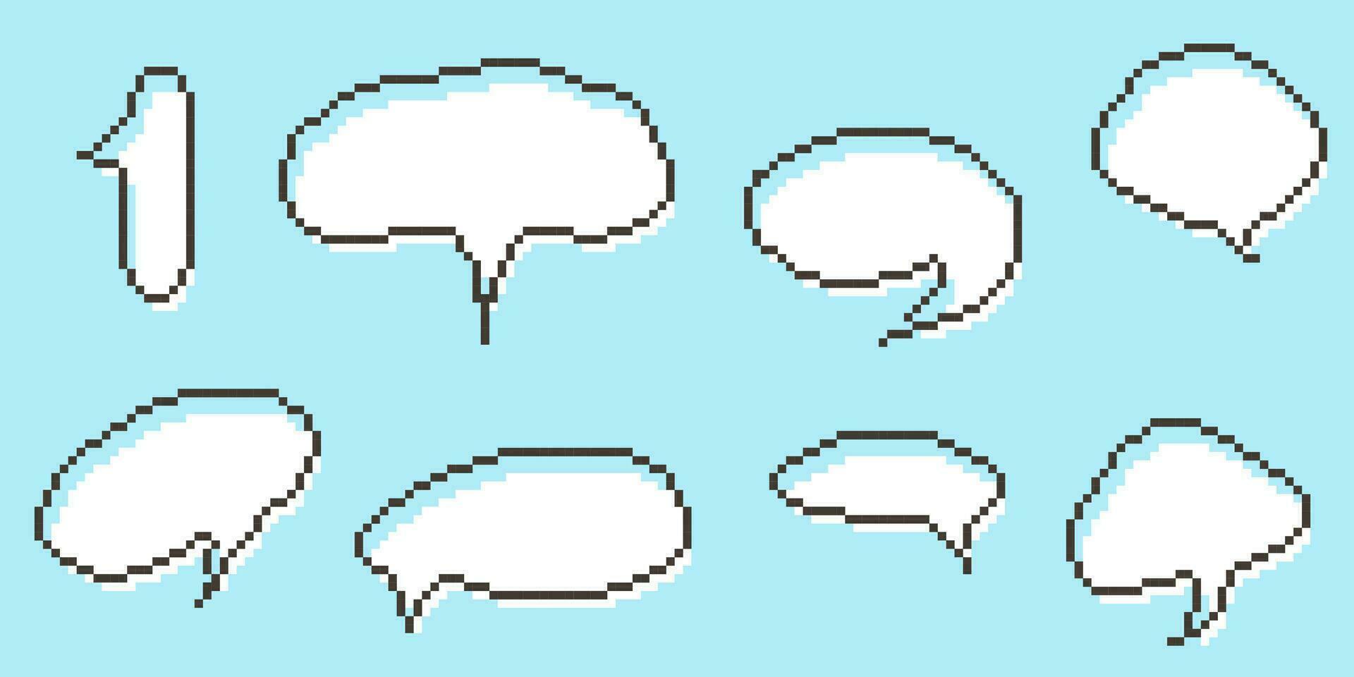 Pixel speech bubble Collection chart dialogue boxes. Retro game 8 bit line text box. Yellow, Black and white color empty pixelated message bar. Quote cloud frames. Flat design vector illustration
