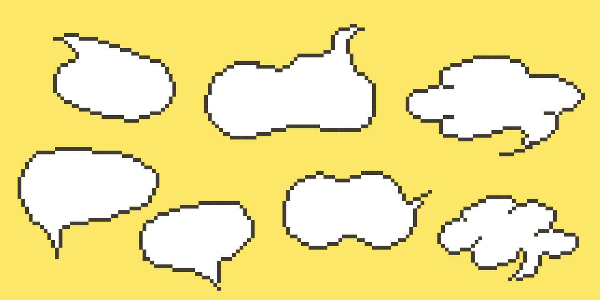 Pixel speech bubble Collection chart dialogue boxes. Retro game 8 bit line text box. Yellow, Black and white color empty pixelated message bar. Quote cloud frames. Flat design vector illustration