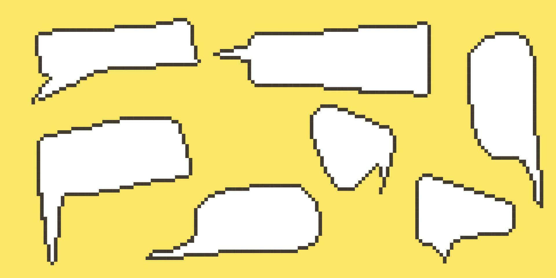 Pixel speech bubble Collection chart dialogue boxes. Retro game 8 bit line text box. Yellow, Black and white color empty pixelated message bar. Quote cloud frames. Flat design vector illustration