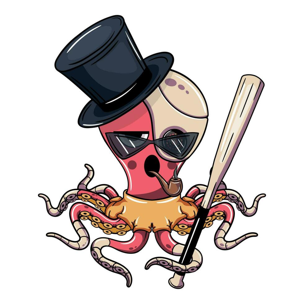 Cartoon cyborg octopus character wearing a fancy top hat smoking a pipe with a baseball bat. Illustration for fantasy, science fiction and adventure comics vector