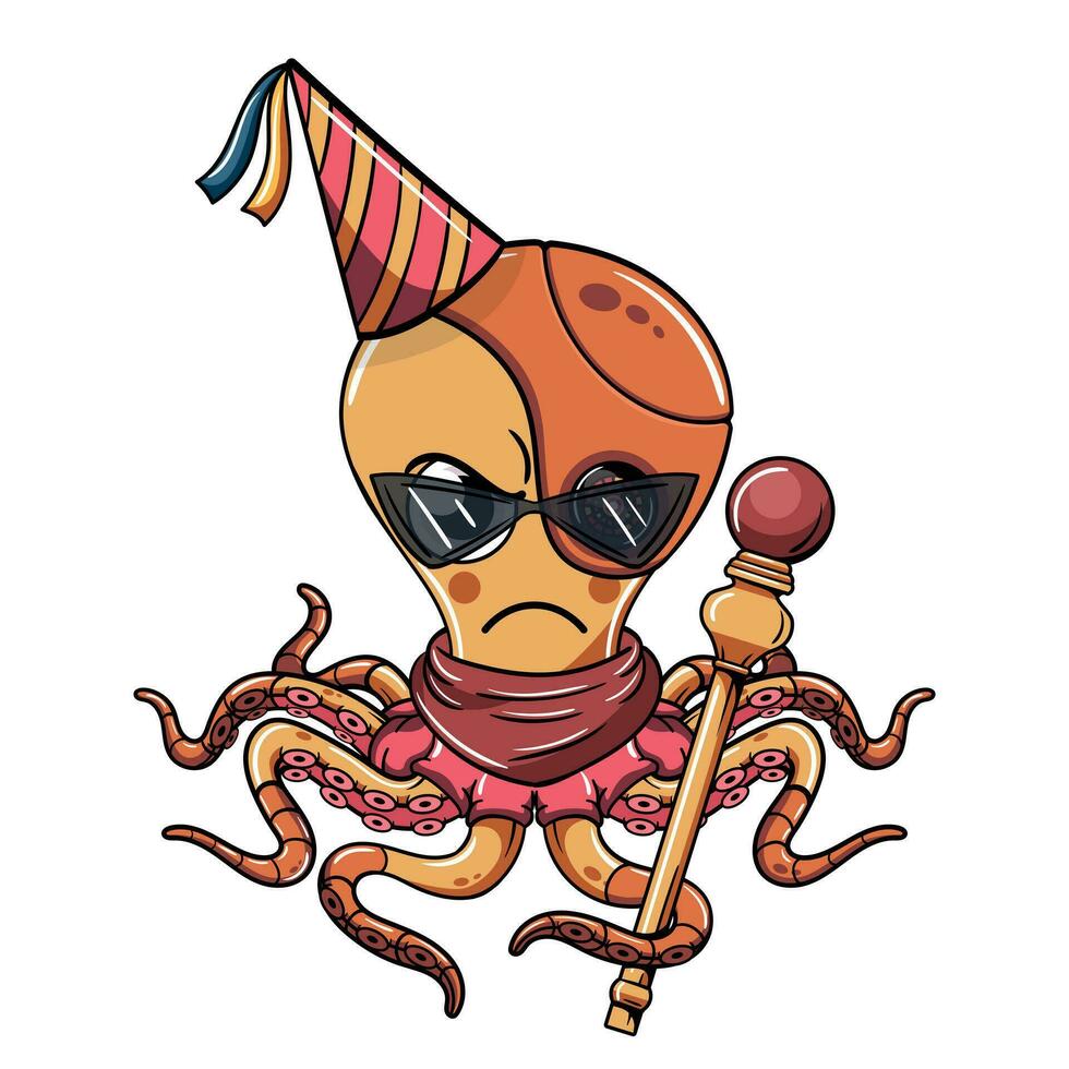 dibujos animados cyborg pulpo personaje celebrando con cumpleaños sombrero y participación un cetro. ilustración para fantasía, Ciencias ficción y aventuras historietas vector