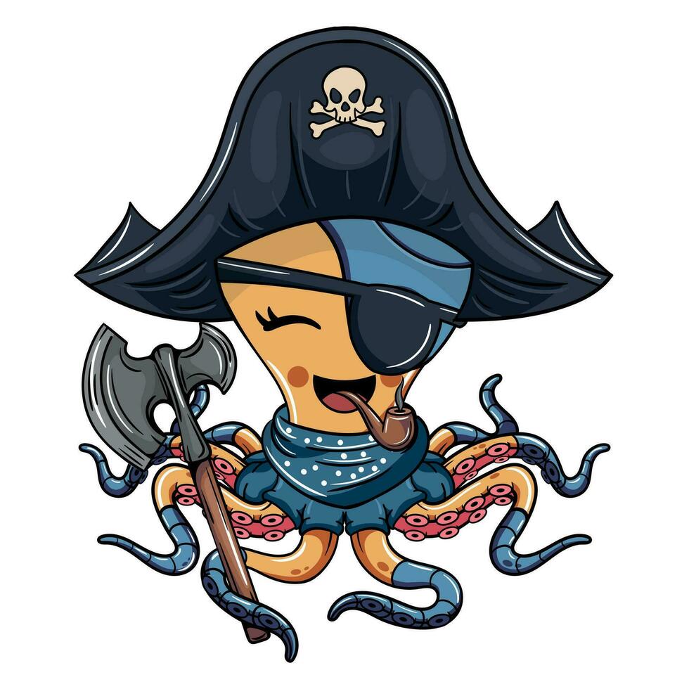dibujos animados cómic personaje de tímido pulpo cyborg pirata con tricornio sombrero de fumar un tubo con un guerra hacha. ilustración para fantasía, Ciencias ficción y aventuras historietas vector