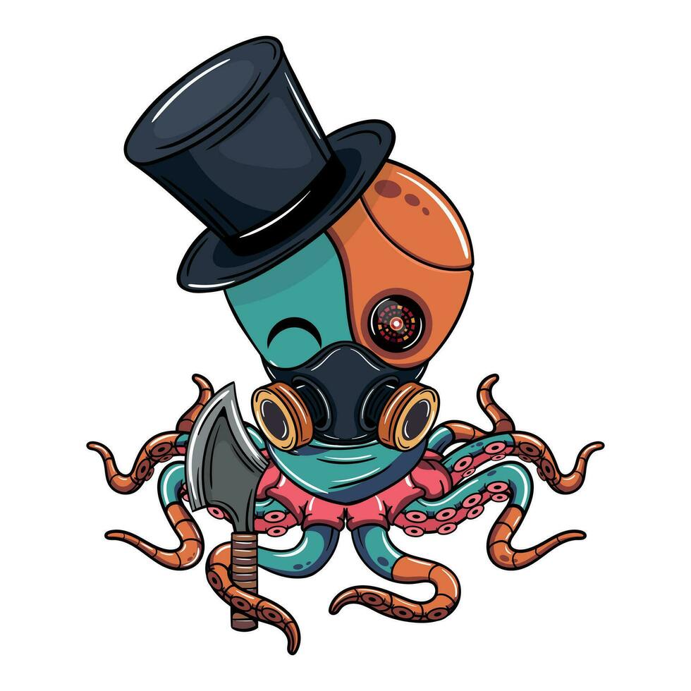 dibujos animados cyborg pulpo con parte superior sombrero y un hacha. ilustración para fantasía, Ciencias ficción y aventuras historietas vector