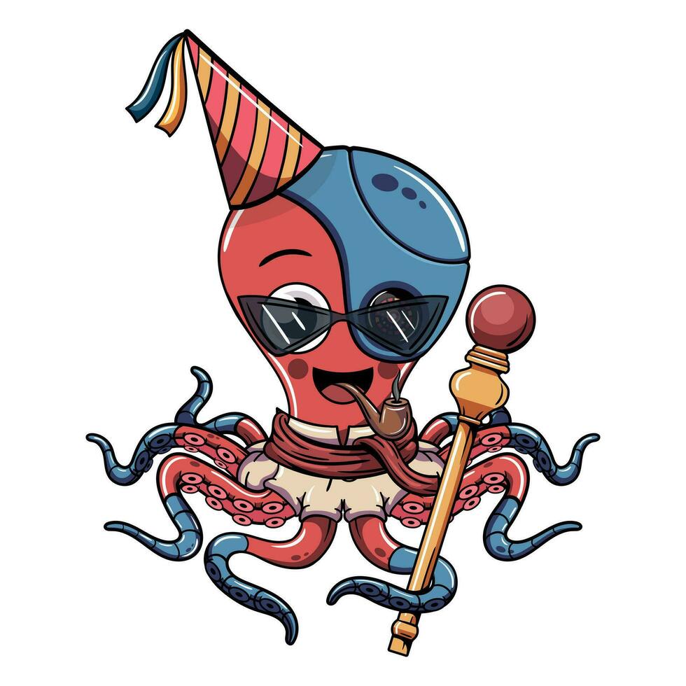 Cartoon cyborg octopus character celebrating with a birthday hat, holding a scepter and smoking a pipe. Illustration for fantasy, science fiction and adventure comics vector