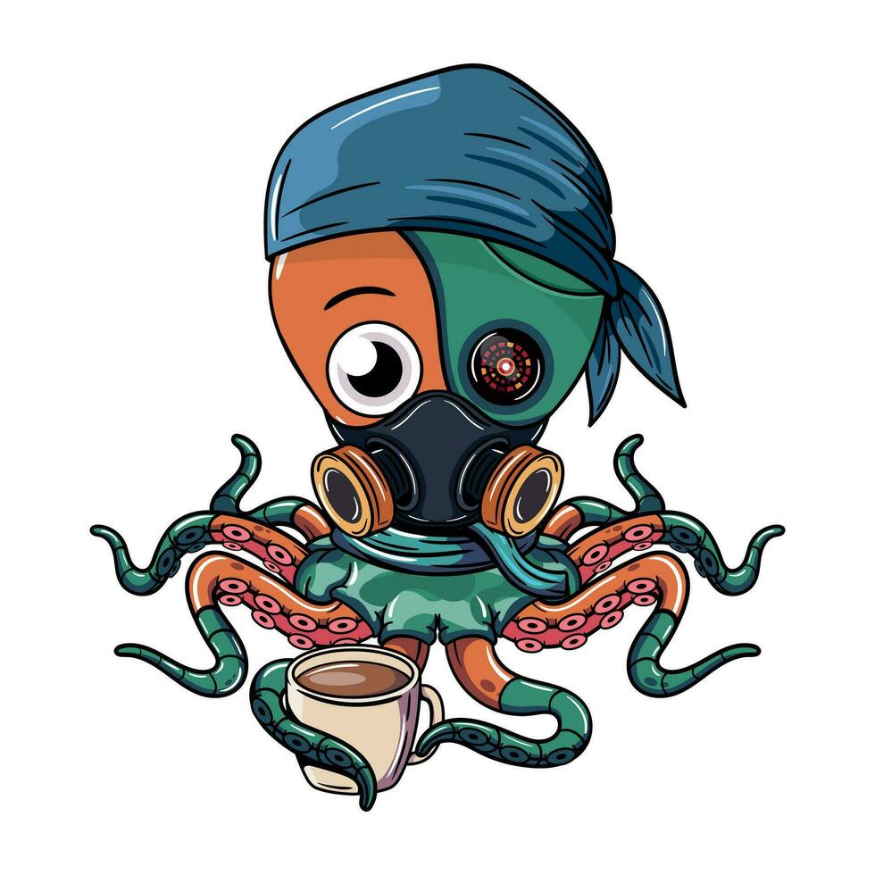Cartoon cyborg octopus character wearing gas mask with a cup of coffee. Illustration for fantasy, science fiction and adventure comics vector