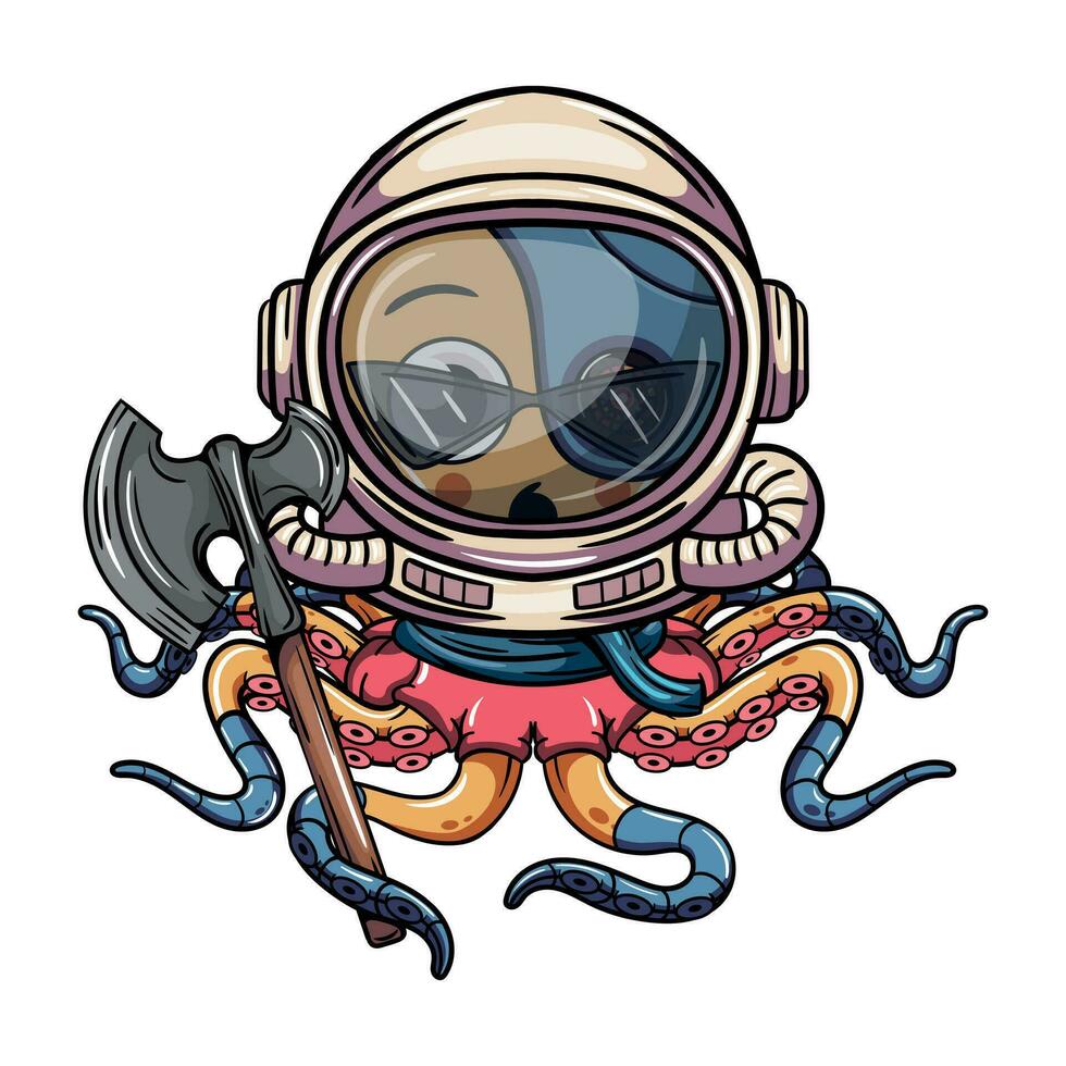 Cartoon cyborg yellow octopus character wearing astronaut space suit with war axe. Illustration for fantasy, science fiction and adventure comics vector