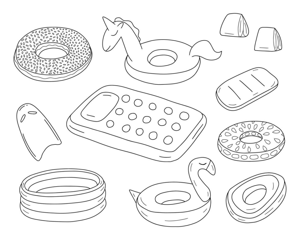 Cute rubber rings inflatable mattress and pool vector doodle set