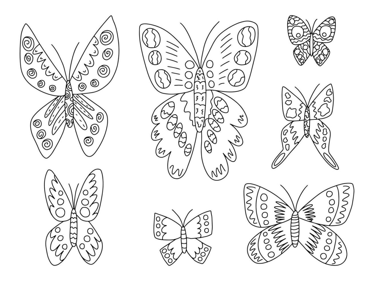 diferente tipos mariposas vector mano dibujado colocar. negro y blanco mariposas garabatear colocar. repollo, pavo real mariposa y púrpura emperador