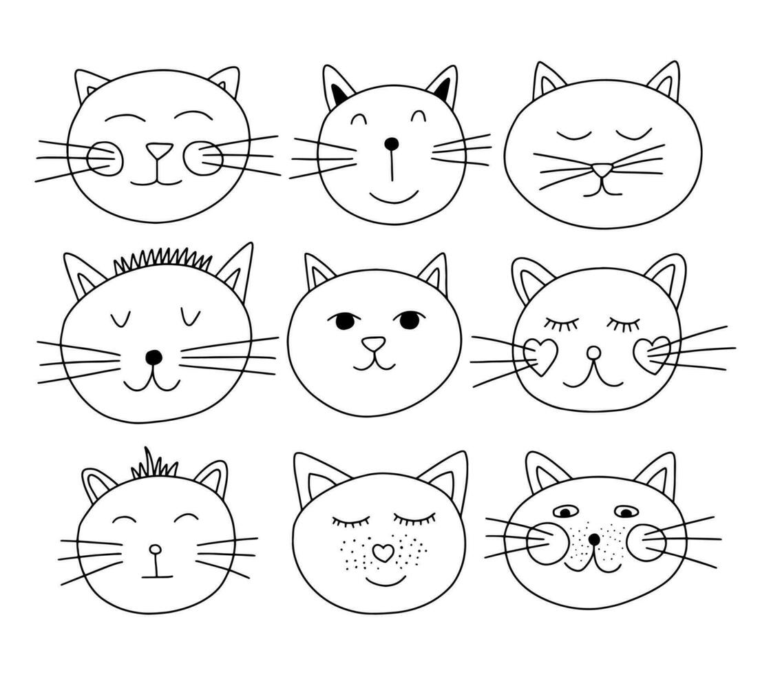 Cats faces vector set. Cute different cat characters faces vector set