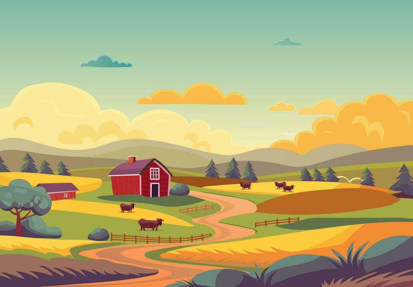 rural paisaje ilustración para antecedentes. casa de Campo y graneros, vacas pasto mediante el campos. vector