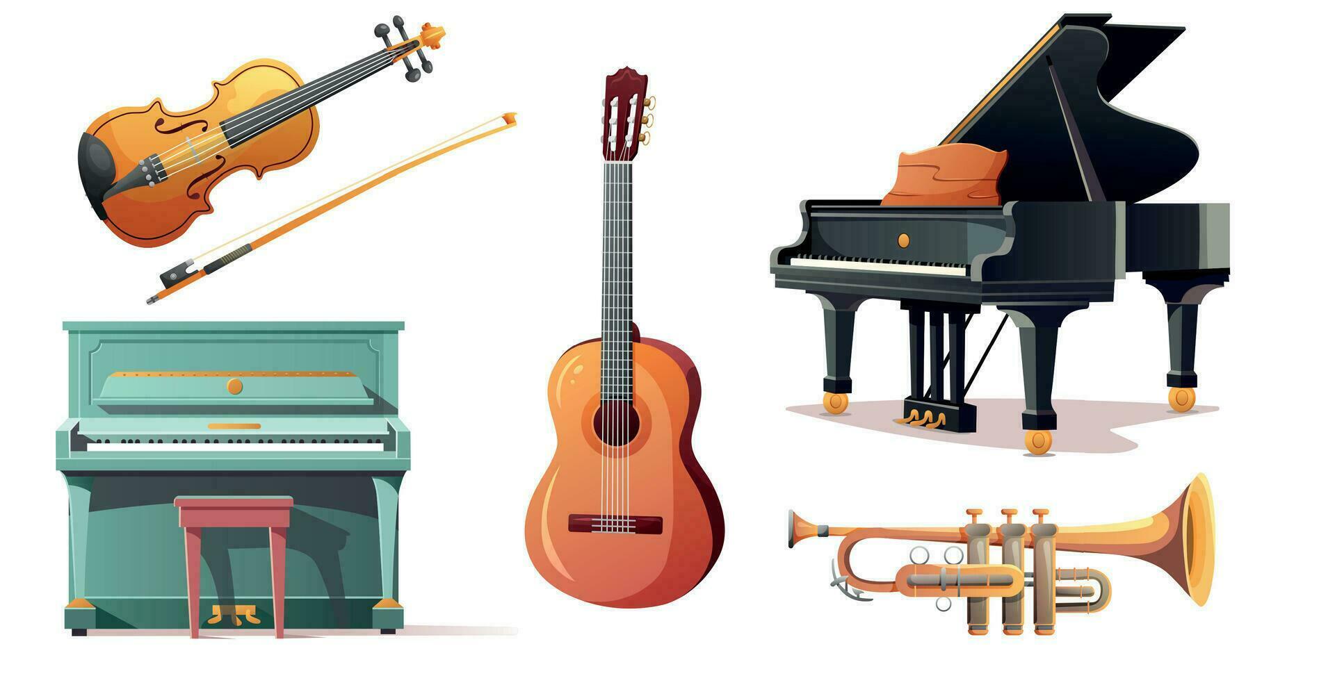 Set of musical vector instruments. Wind instruments, grand pianos, violin and guitar. Vector illustration for design.