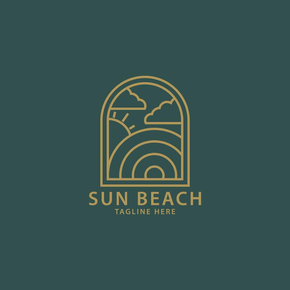 elegante hipster Dom puesta de sol con Oceano mar playa agua logo y Coco árbol vector icono en tendencia lineal línea, contorno logo vector