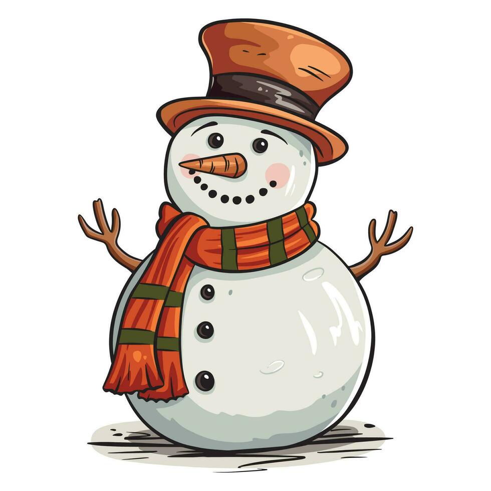 Cartoon snowman with hat and scarf in hand drawn style. vector