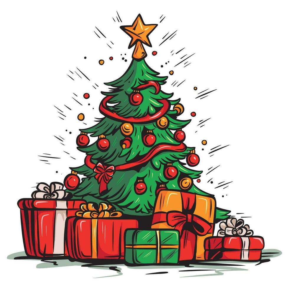 Christmas tree with gifts underneath. Symbolism of the new year. vector