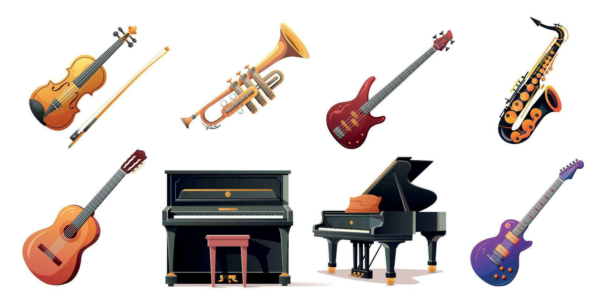 Set of bright musical instruments in cartoon style. vector