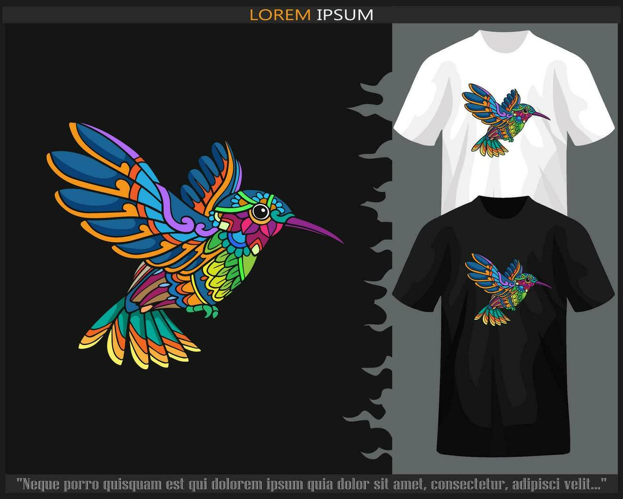 Colorful Humming bird mandala arts isolated on black and white t shirt. vector